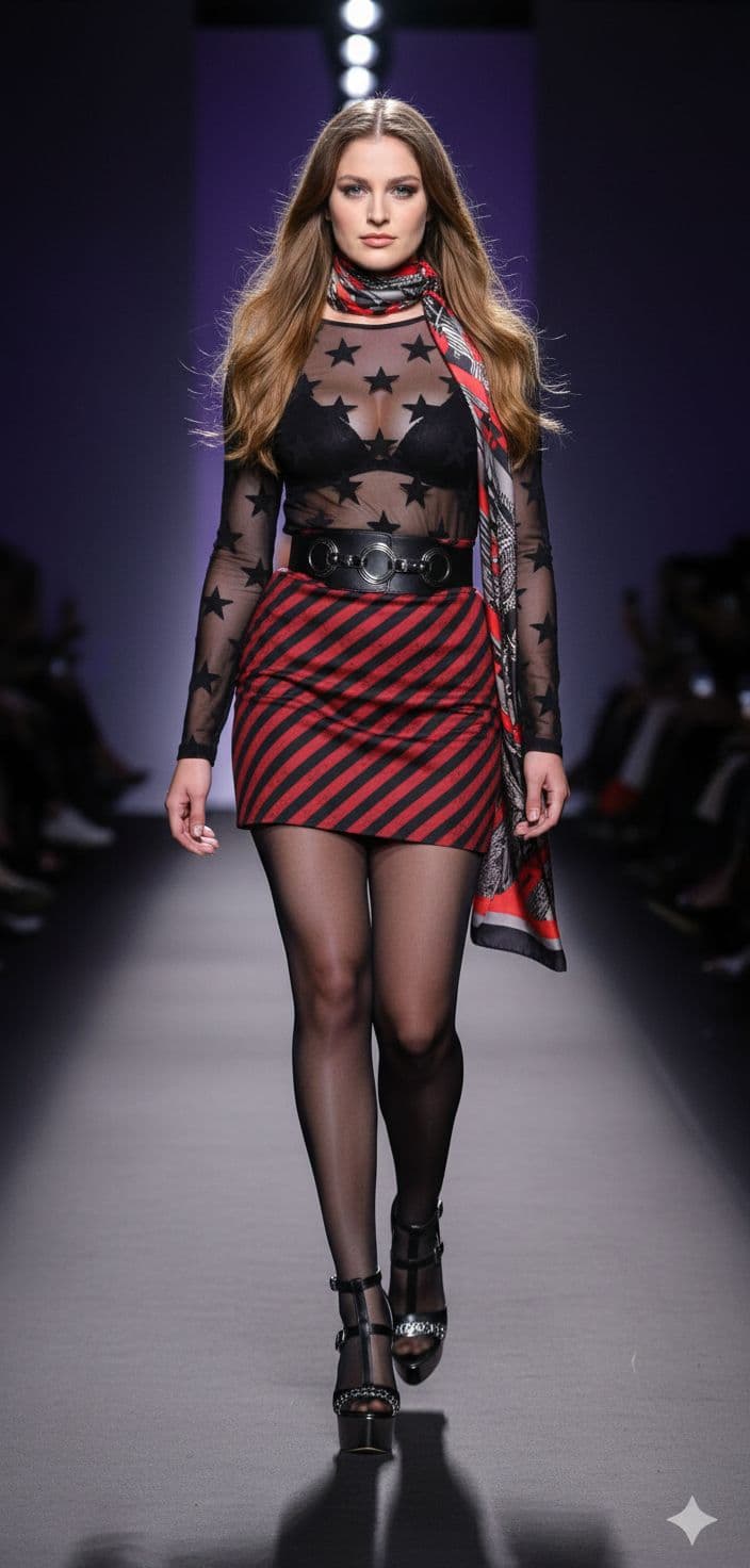 AI generated: A fashion model with long light brown hair walks confidently down a runway. She wears a sheer black ...
