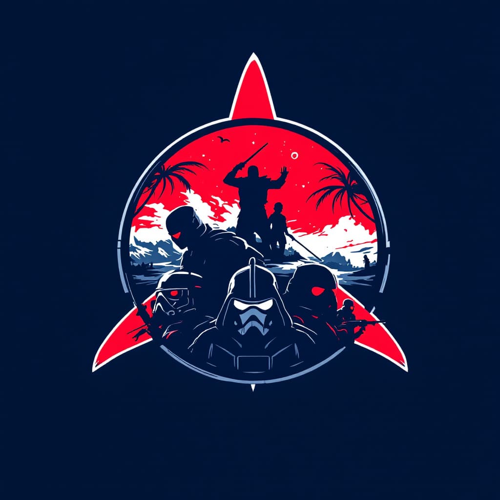 AI generated: A red and blue sky and navy blue Shark logo, with SW characters behind looks exactly the same as DEA...