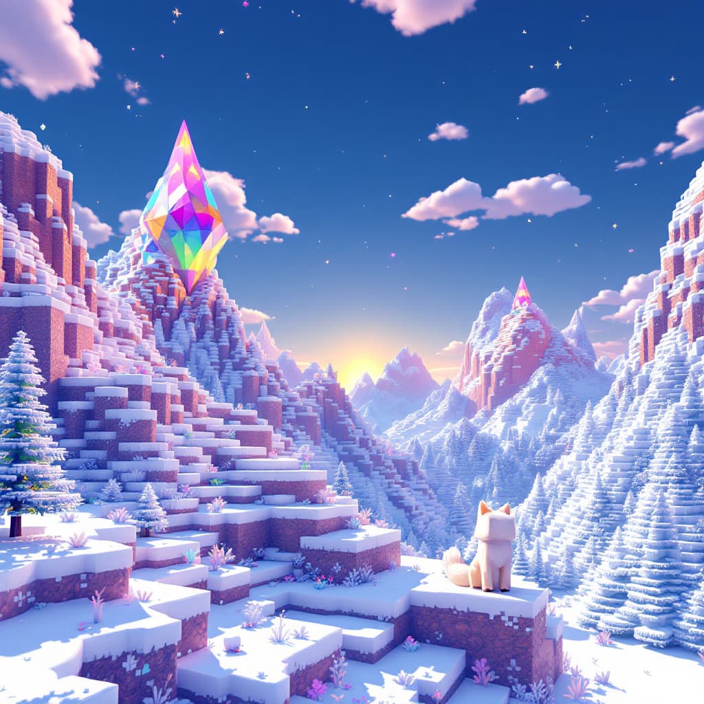 AI generated: minecraft landscape, diamond golem, snow and diamond mountains, minecraft cubicles, minecraft style,...