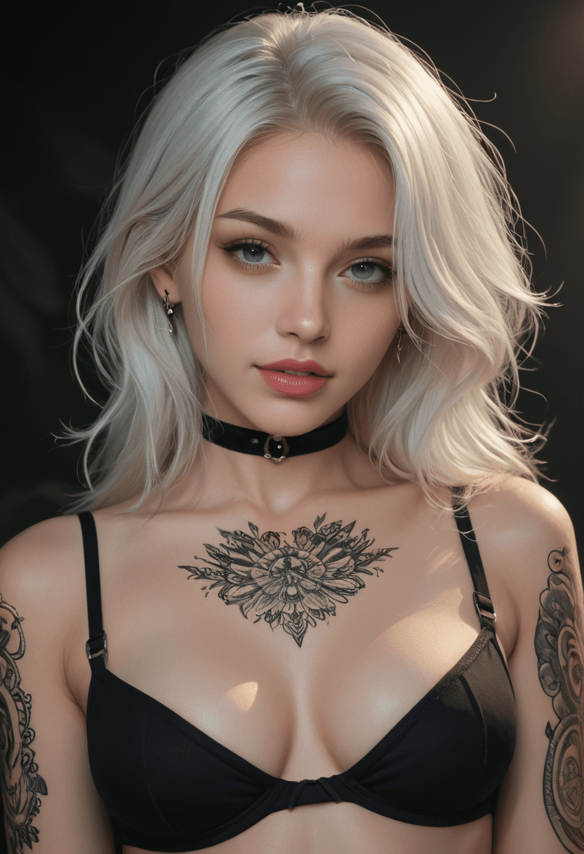 AI generated: Portrait of a gorgeous woman, 20 years old, with open lush breasts, a thin leather bra, waist-length...