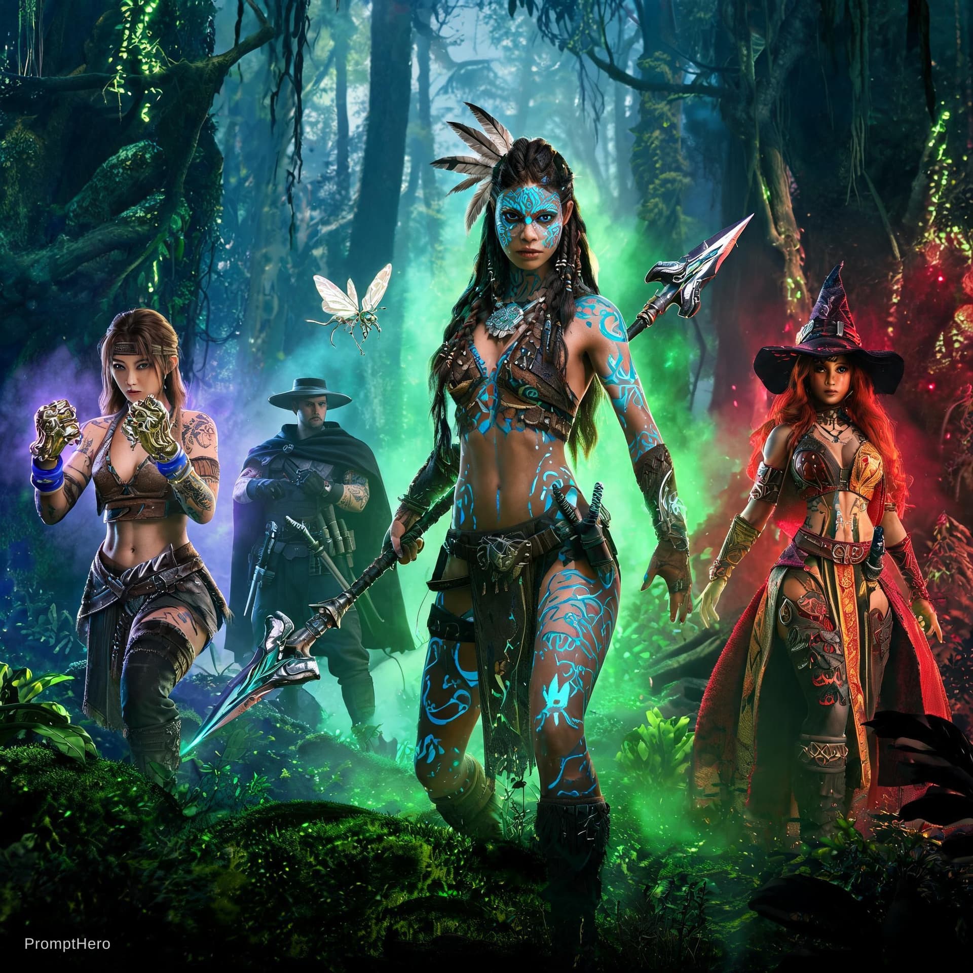 AI generated: Wide Full body shot, 3D character design, in center beautiful Native American warrior woman with bra...