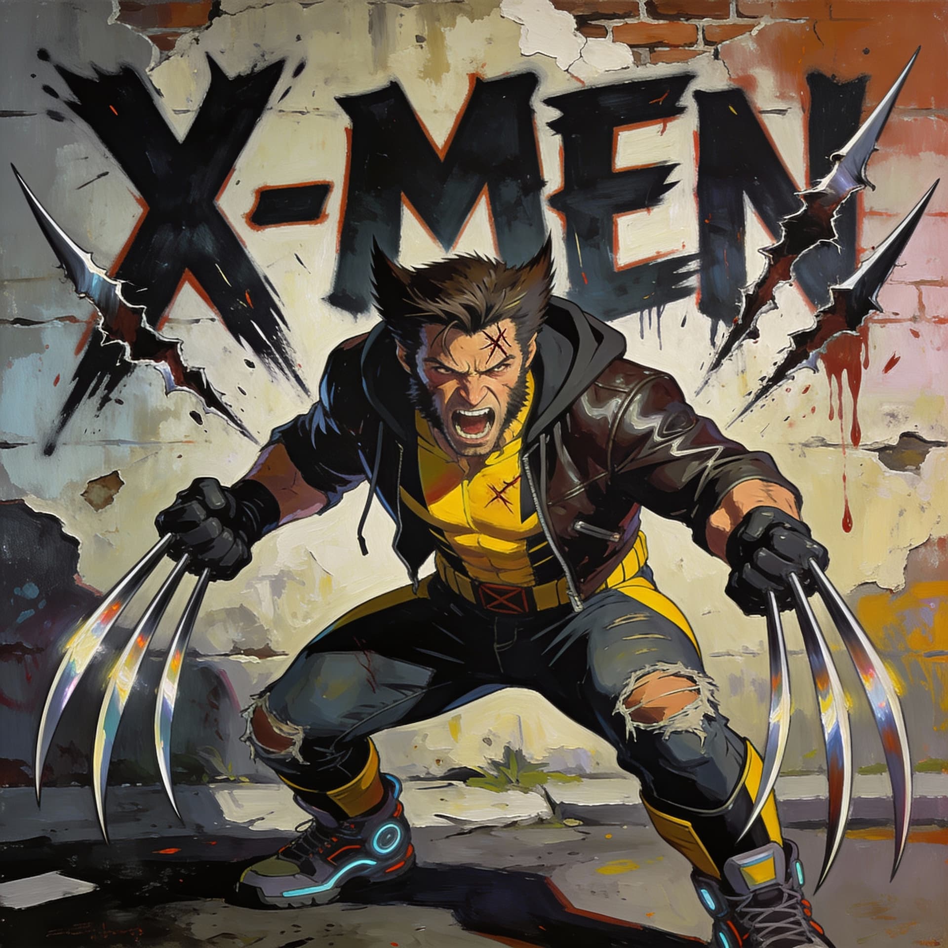AI generated:  POV illustration of a maskless Wolverine in full berserker rage, his face looks like a feral animal...