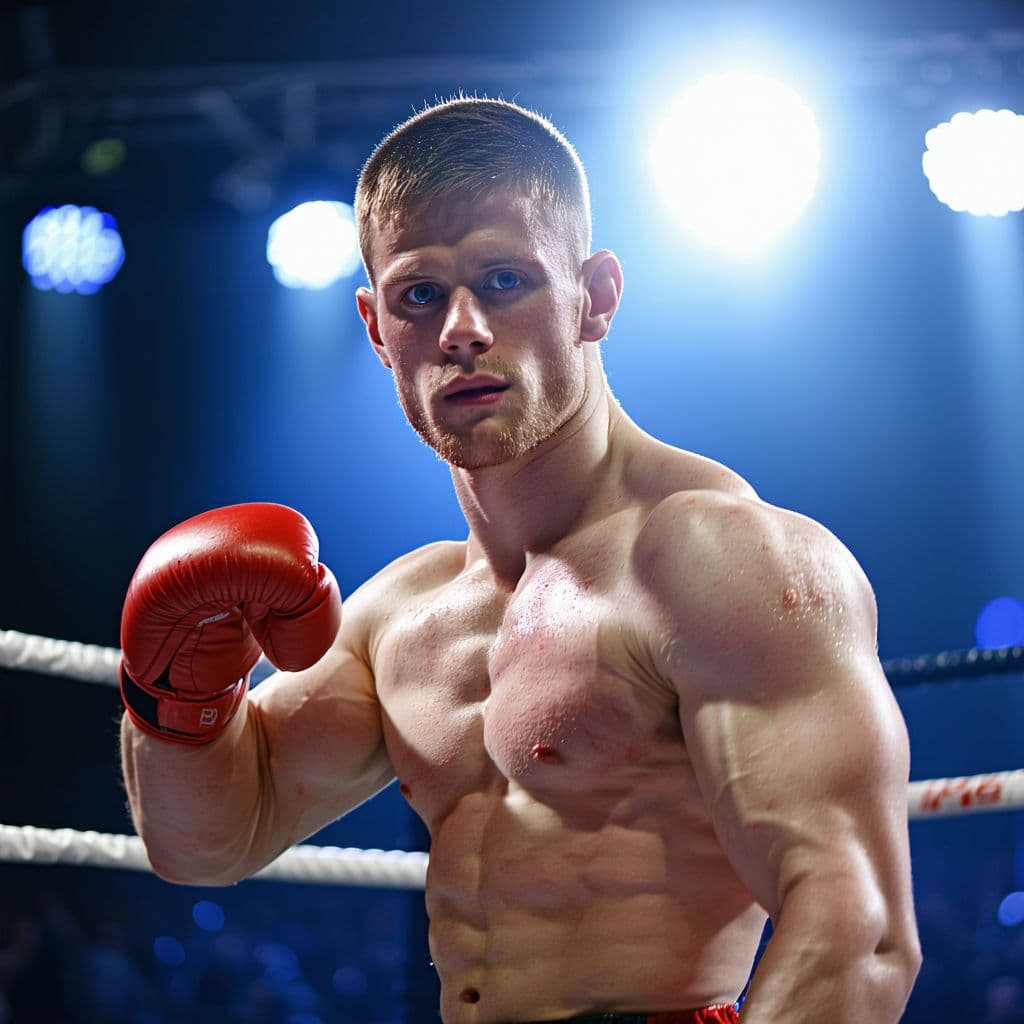 AI generated: photograph,a muscular boxer in the ring flexes his chiseled biceps, sweat glistening under the brigh...