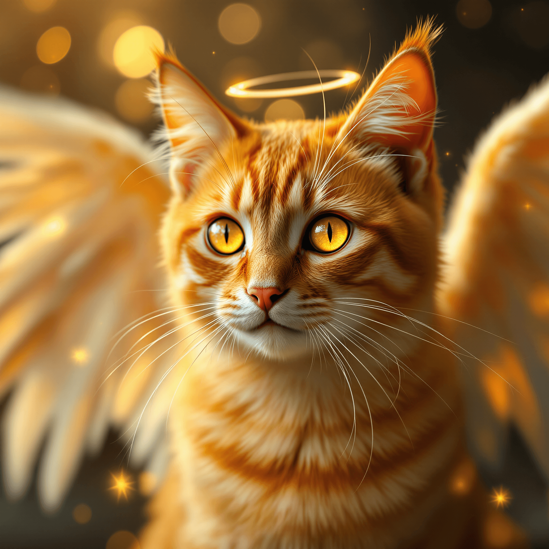 AI generated: realistic portrait of an orange cat, bright eyes, with angel wings, radiant and ethereal intricately...