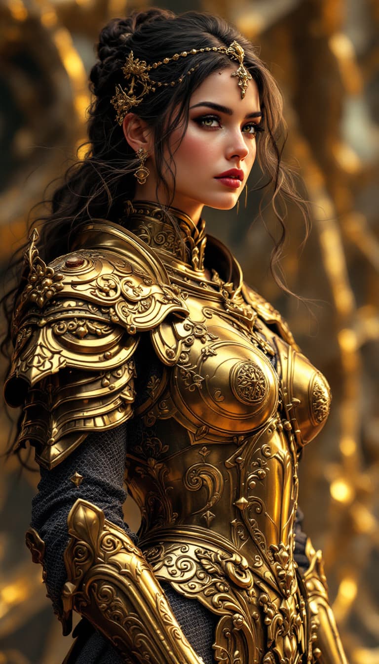 AI generated: beautiful strong woman in a shining golden armor (intricate design golden armor), offset printing, f...
