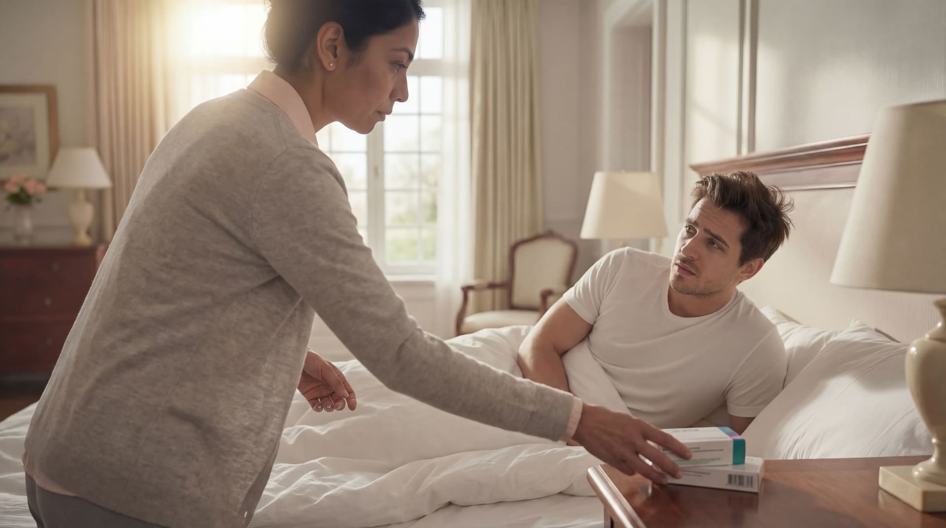 AI generated: The woman is placing two medication boxes on the night table next to the bed. The woman is standing ...