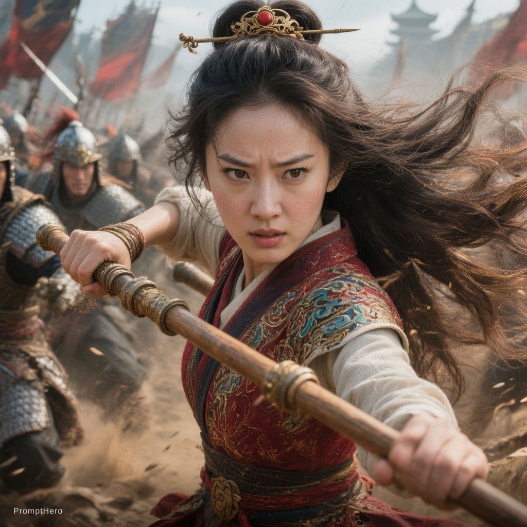 AI generated: Mulan, traditional Chinese attire, battle scene, holding a long stick, high-resolution photography, ...