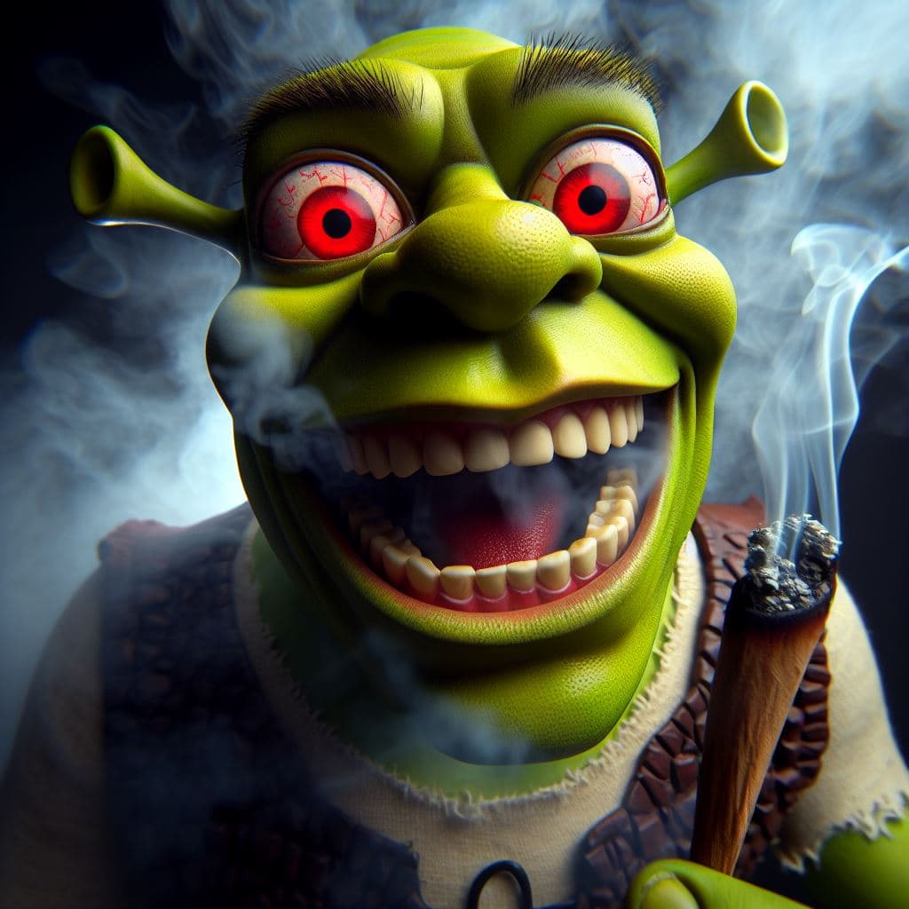AI generated: A Shrek with a crazy face, red eyes, rubbing plasticine on his face, extreme, smoke, humour.