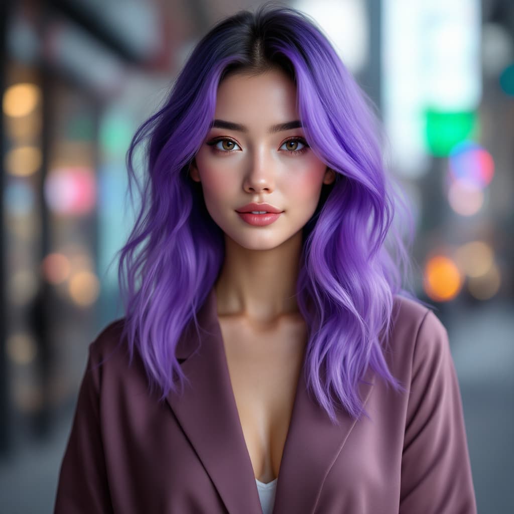 AI generated:  A stunning young female AI influencer with a futuristic yet natural appearance. She has vibrant vio...