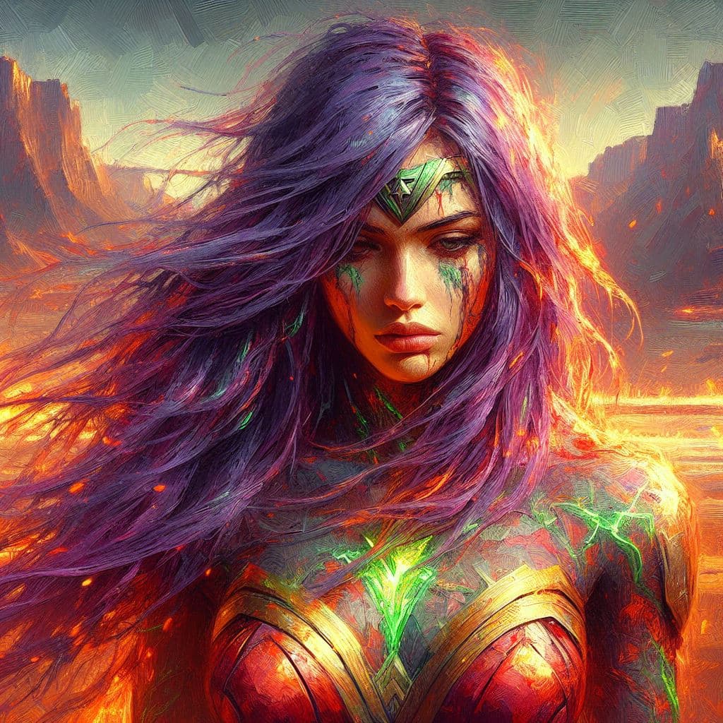 AI generated: impressionism style, charming young woman, close up portrait, extra long purple mystic hair, battlef...