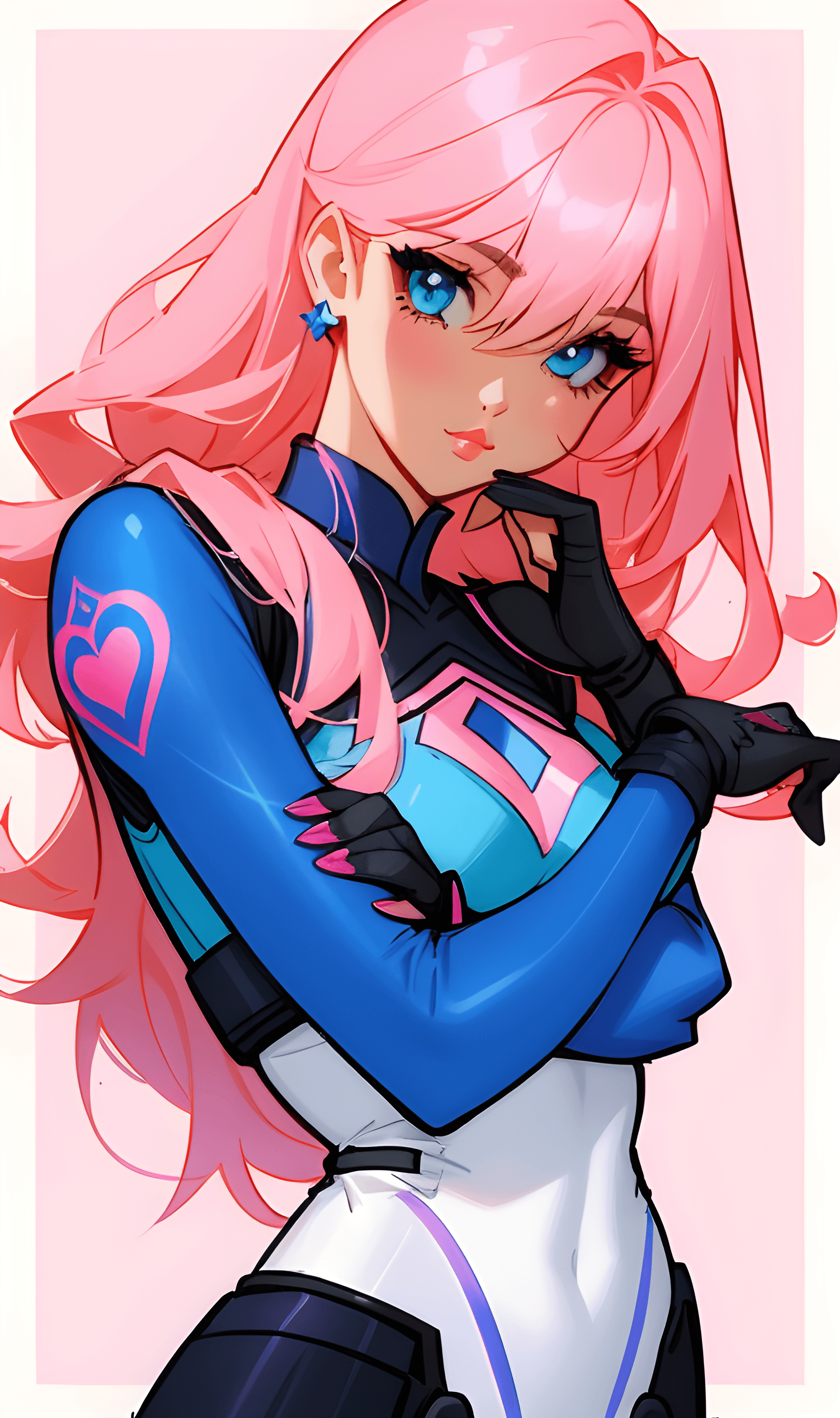 AI generated: a beautiful young woman looks like kelly sue deconnick in blue and pink, tattoo, kawaii, light pink ...