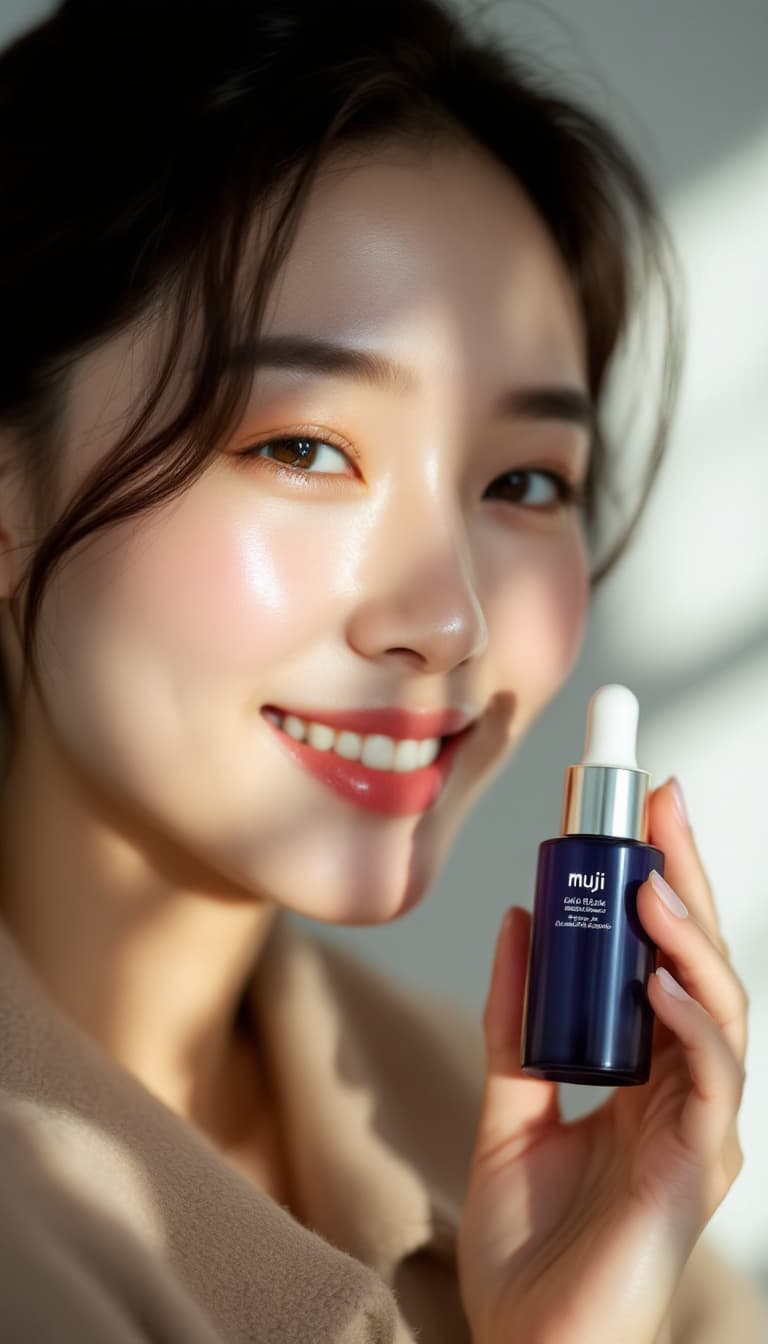 AI generated: Skincare photography, in muji style, zoomed out shot, Chinese model with happiness expression, she i...