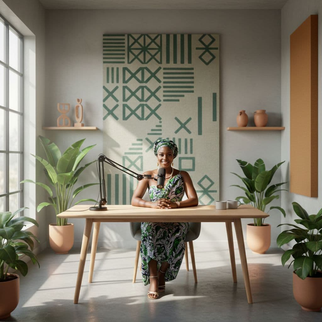 AI generated: place the attached femal model  in a modern African themed minimalist design podcast studio  . brigh...