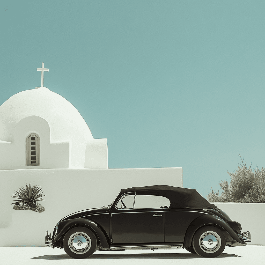 AI generated: A vintage black wolkswagen golf car cabrio in front of a greek church on a very white and desserted ...