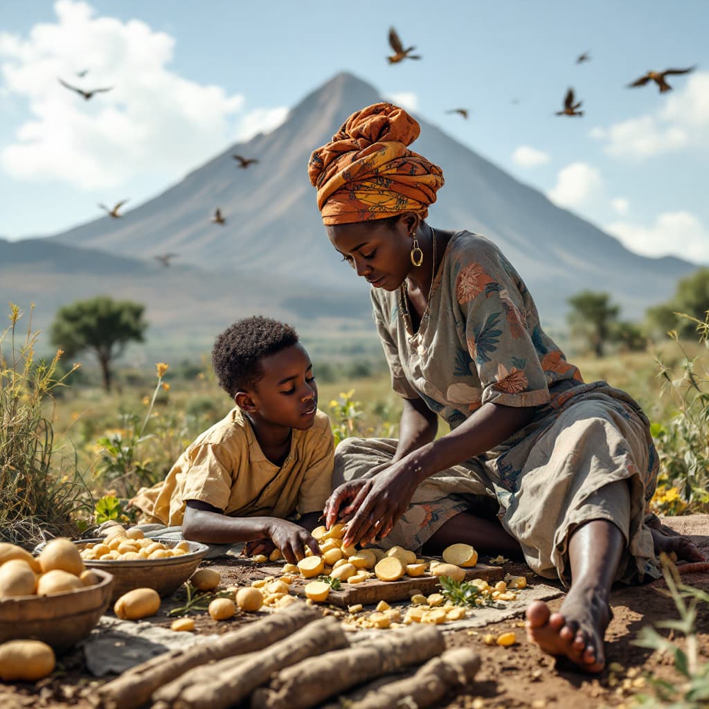 AI generated: a photorealistic image of a boy laying by modern African kitchen and woman peeling potato taken from...