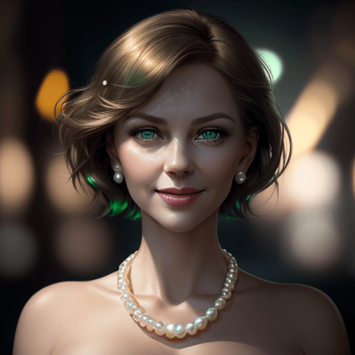 AI generated: portrait of beautiful  woman,(smiling),photo realistic, full image, green eyes,pearl necklace, hyper...