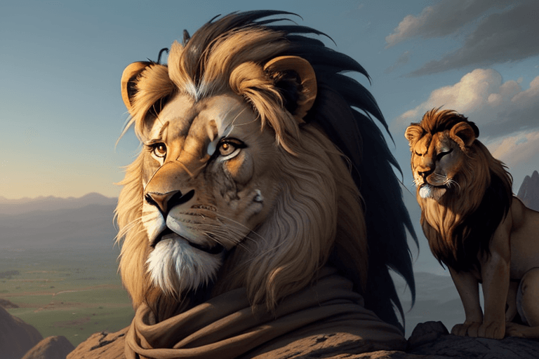AI generated: "A close-up of the lion father from the movie The Lion King, standing on a mountain top, gazing into...