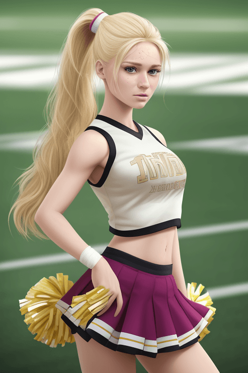 AI generated: Realistic beautiful blonde girl wearing ponytail wearing cheerleader outfit standing on football fie...