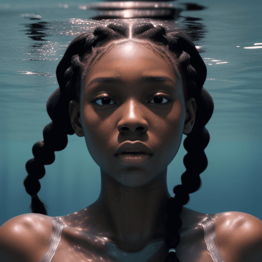 AI generated: fully clothed black girl with braids struggling to breath underwater, hyper-realistic, 8k image 