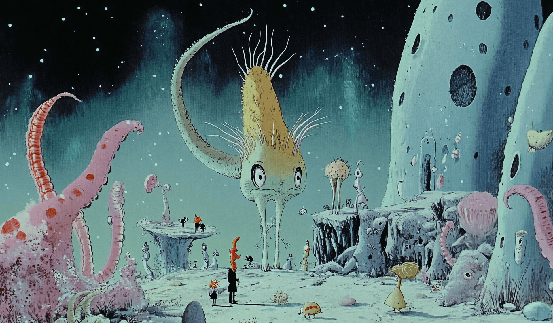 AI generated: A screenshot from the original cartoon 'The Little Prince', featuring strange alien creatures with l...