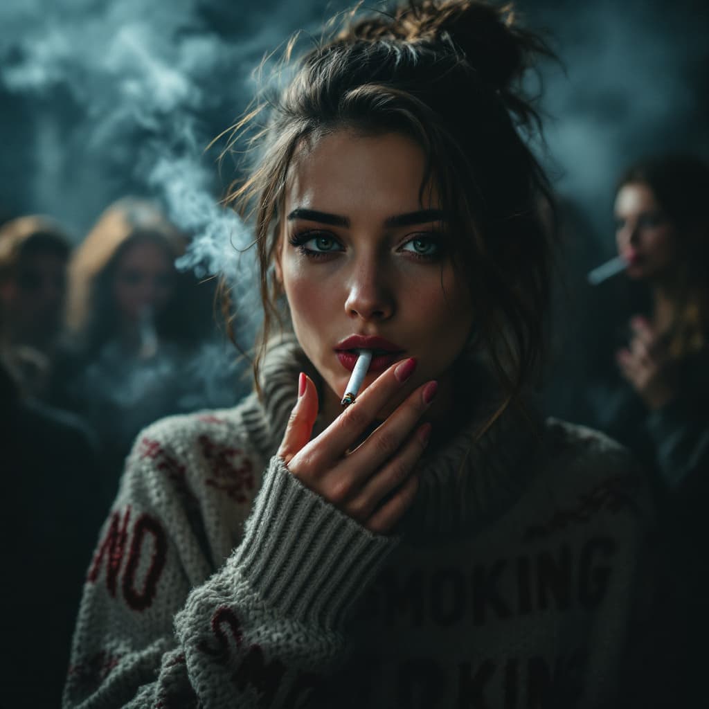 AI generated: photo of a pertty female with cigarette in her mouth,wearing knitted sweater with text "NO SMOKING"....