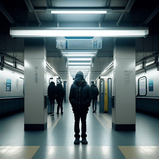 AI generated: create an image of a person standing alone in a subway station, under a single bright fluorescent li...