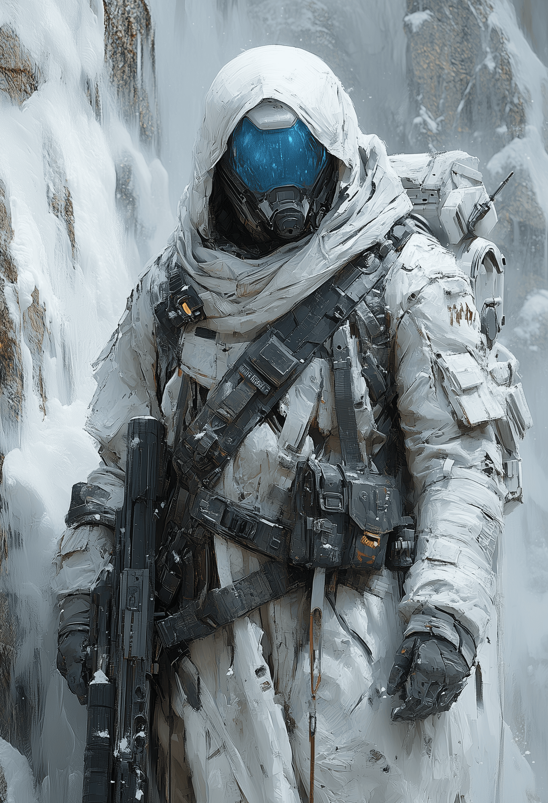 AI generated: A man in a space suit with a blue visor, illustrated in the style of James Bama --chaos 55 --ar 19:2...