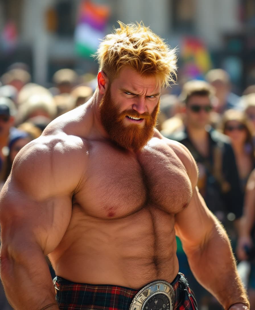 AI generated: high-resolution photo muscular man, show boots, reddish blonde hair, ashamed expression, wearing a t...