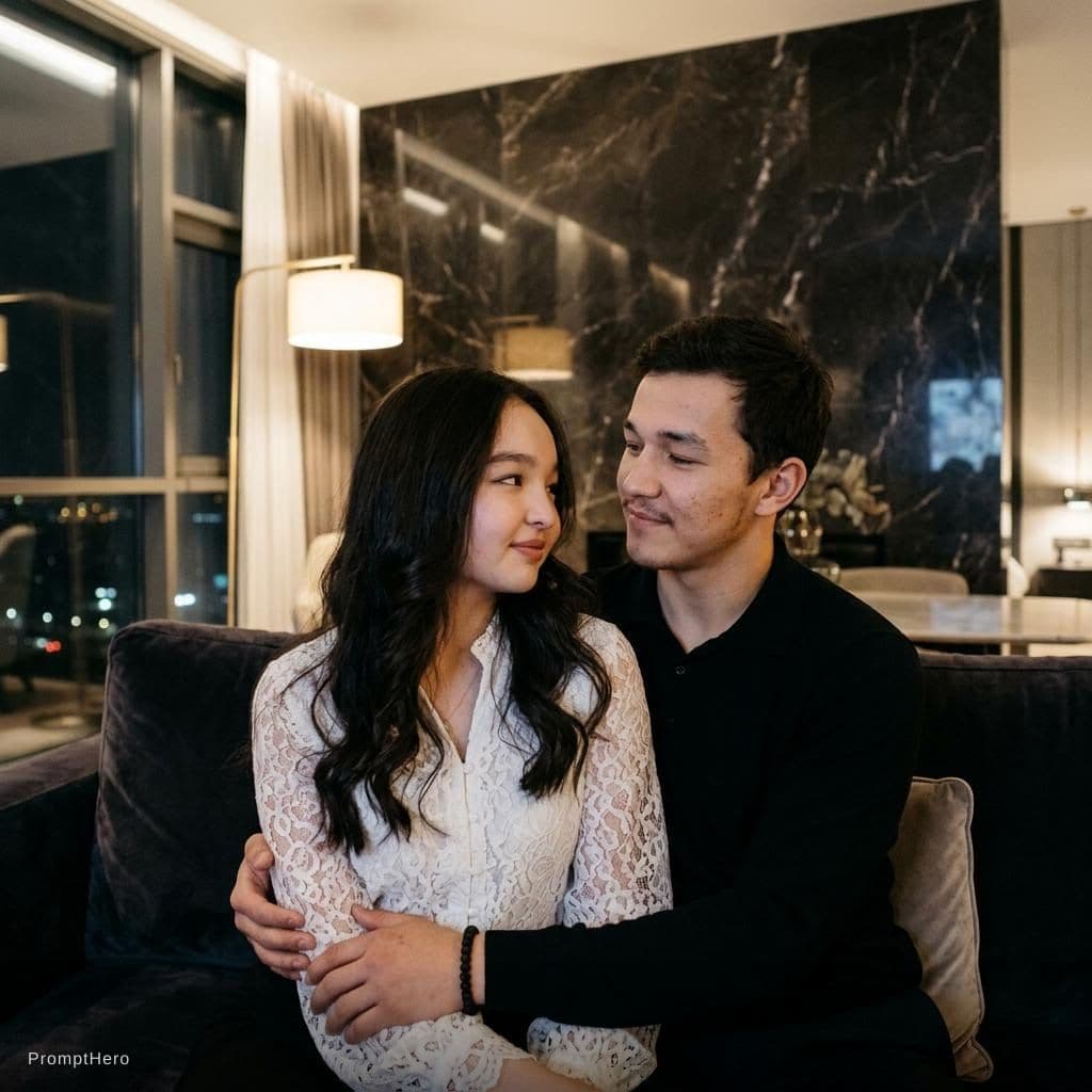 AI generated: FULL PROMPT:
Ultra-realistic intimate couple portrait, vertical 9:16.
Scene: Modern sophisticated ap...