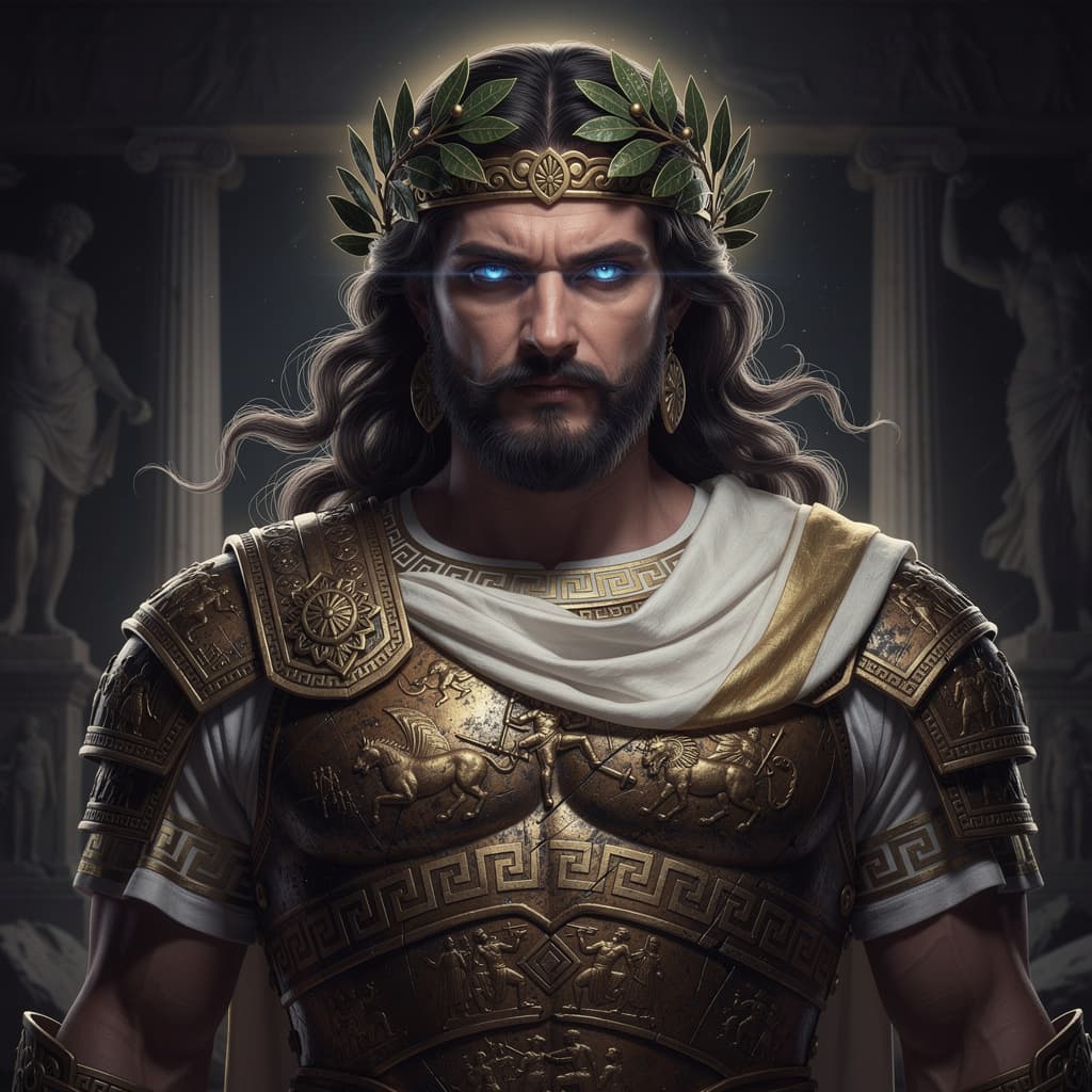 AI generated: A highly detailed photorealistic digital illustration of a Greek god, depicted with a powerful and m...