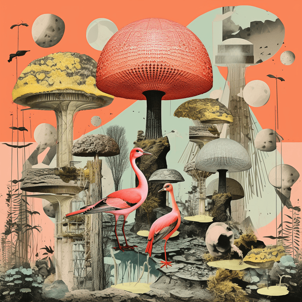 AI generated: a collage illustration of birds and giant mushrooms in a dystopic natural environment, collage retro...