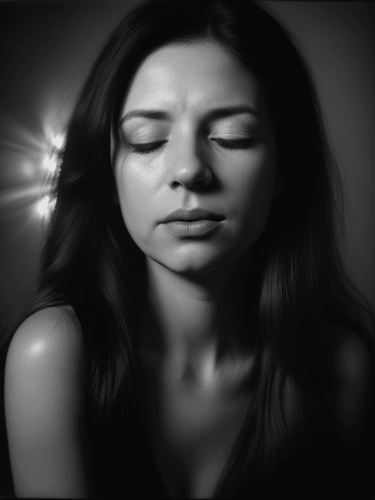 AI generated: 4K image, Black and White, sharp catch lights in eyes, A soul-stirring  portrait of a woman, eyes cl...