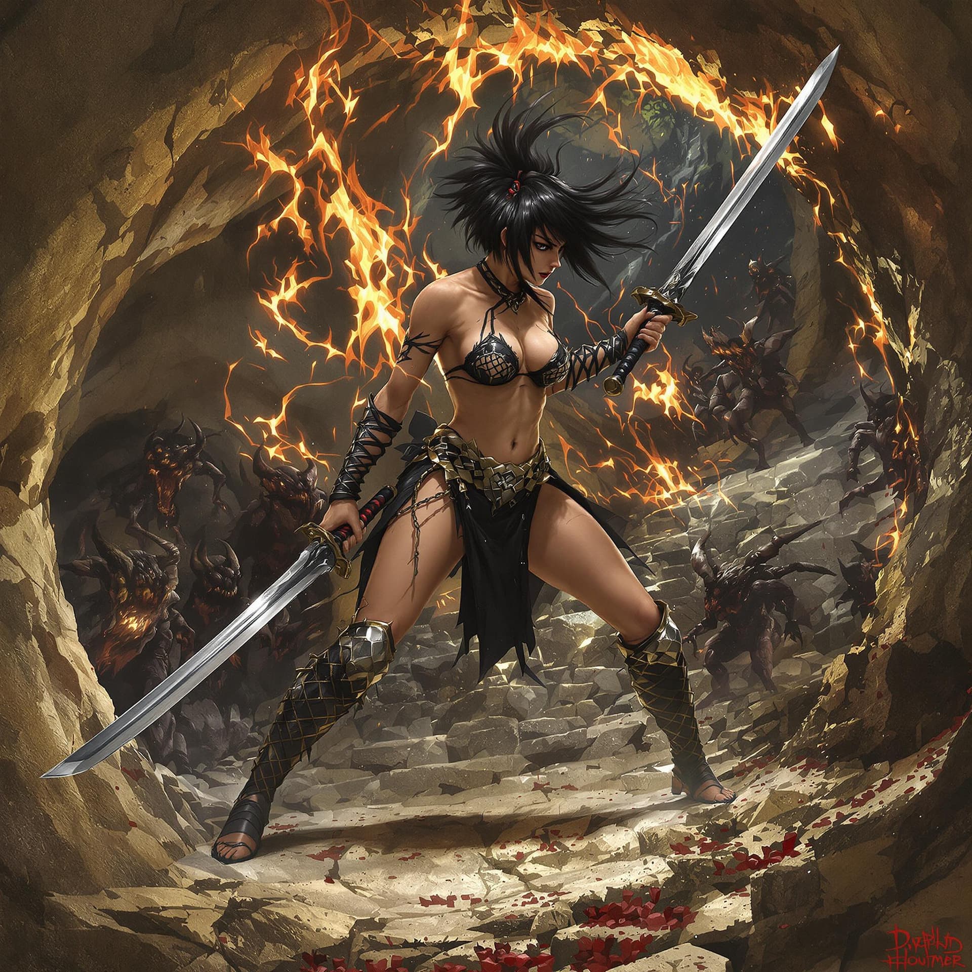 AI generated: A full body view of a (((barefoot))) Female Warrior, killing several little demons in grotto. extrem...