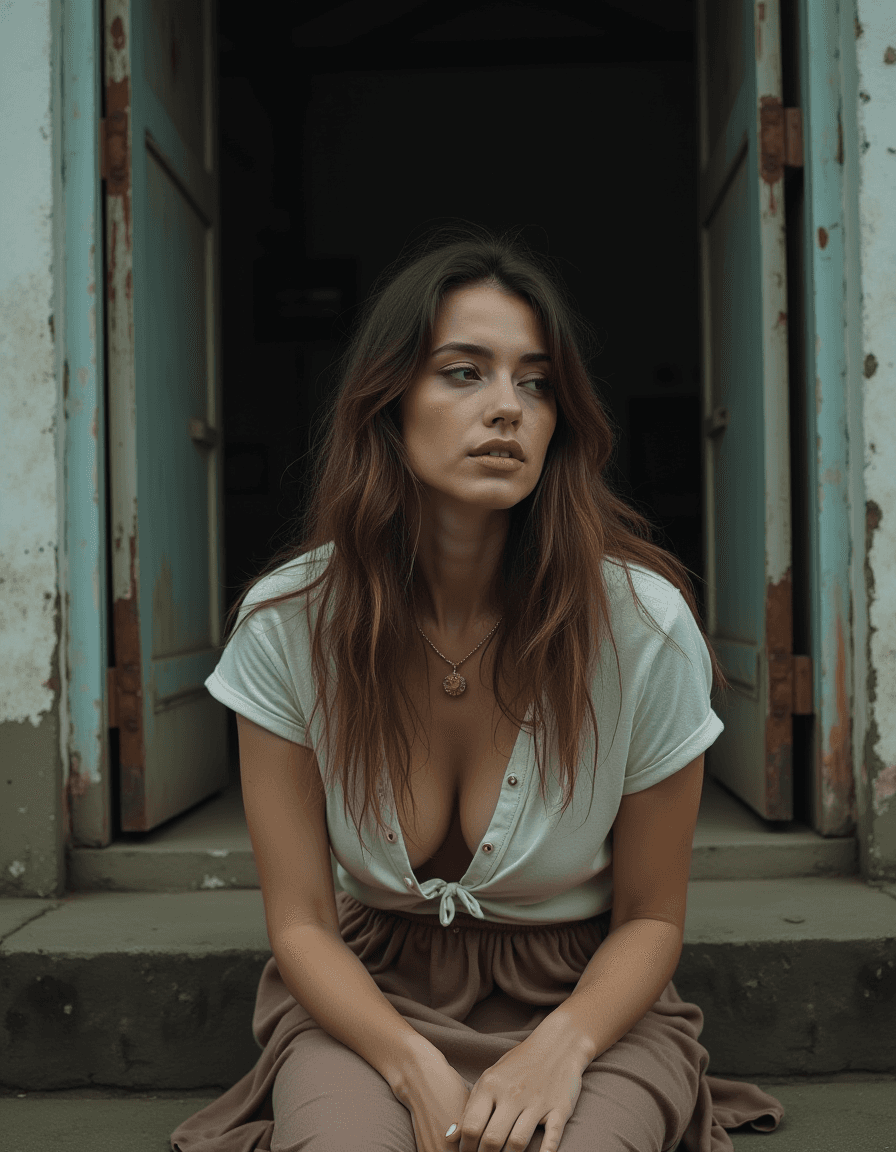 AI generated: photograph of a woman, long messy brunette hair, looking away from the viewer, sitting on a step in ...