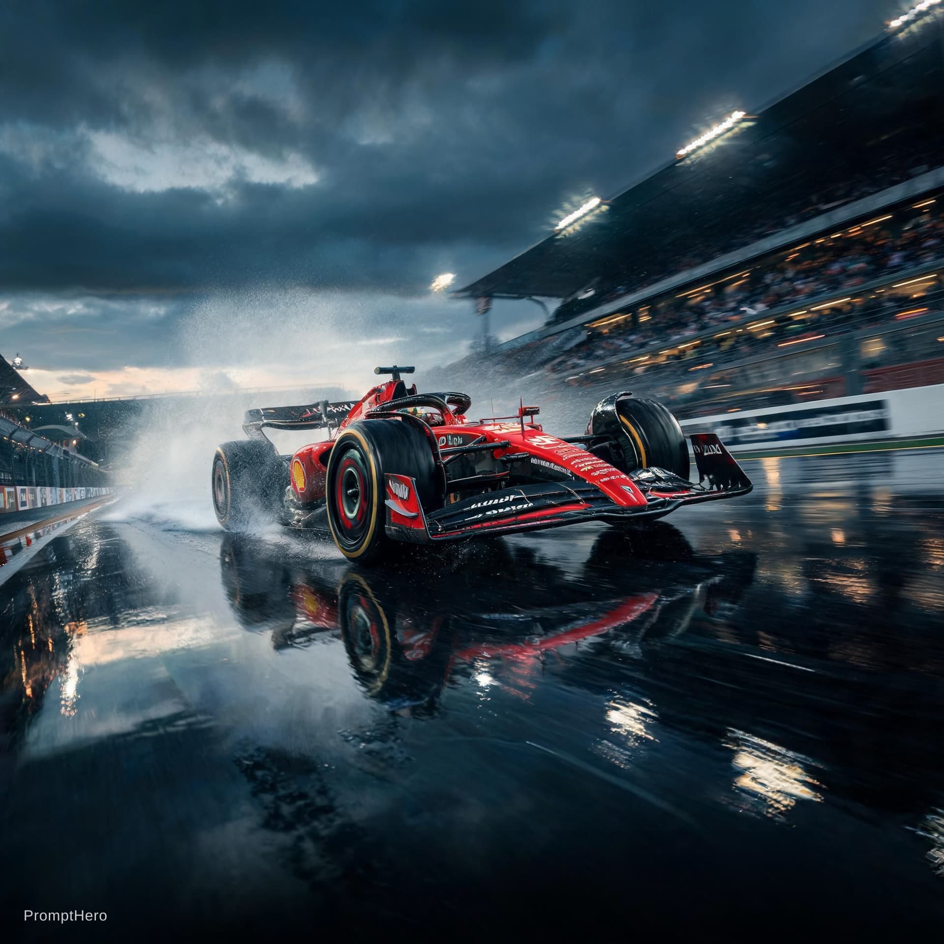 AI generated: Photo of a Formula 1 car racing at high speed on a wet track, realistic, dramatic, low angle, motion...