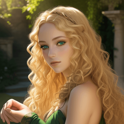 AI generated: A timeless beauty of a young female, with green eyes and curly blonde hair, ancient sensual attire, ...