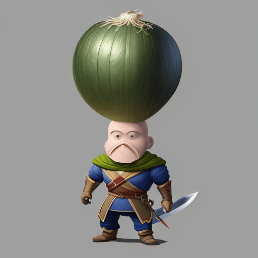AI generated: Design a hero for a computer game who will have a body like a dog a head like an onion, a sword in h...