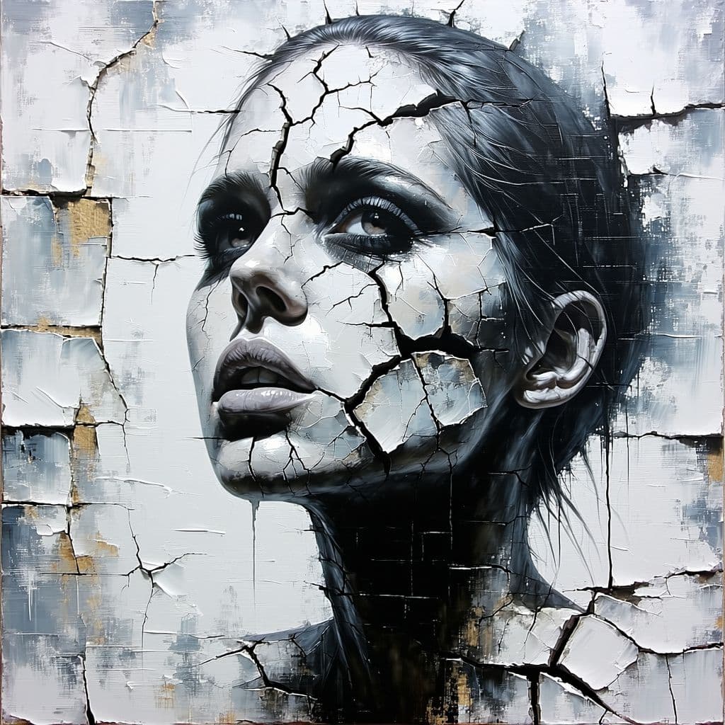 AI generated: The head of the girl is made up entirely from brick cracked  paint, with her lips visible through cr...