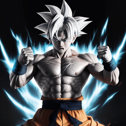 AI generated: Goku Ultra Instinct with a tough and intense gaze, and strong, glowing white hair, white aura, banda...