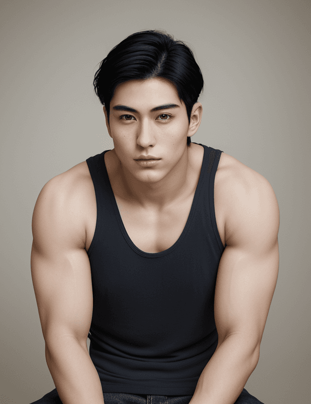 AI generated: A photorealistic portrait of a beautiful 24-year-old Japanese male model, very short dark blue hair,...
