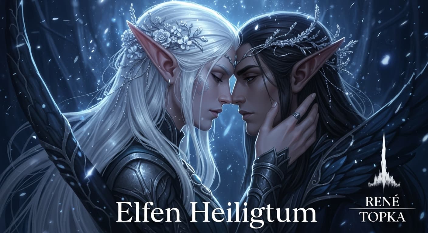 AI generated: A fantasy-themed digital artwork featuring two elf-like figures in an intimate moment against a dark...