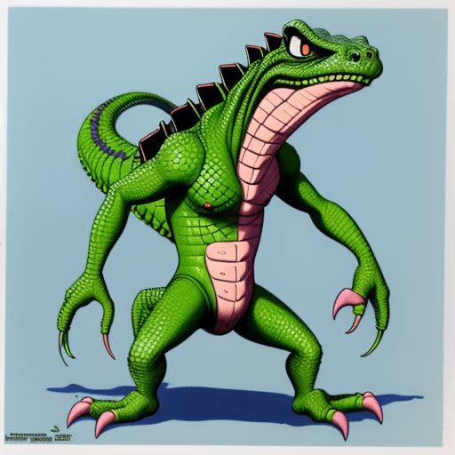 AI generated: full body image of a reptile hostile creature in a 1980s sunday morning cartoon style
