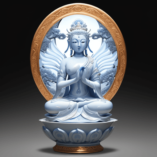 AI generated: A detailed image of the glistening blue and white porcelain of the Avalokitesvara Bodhisattva, taken...
