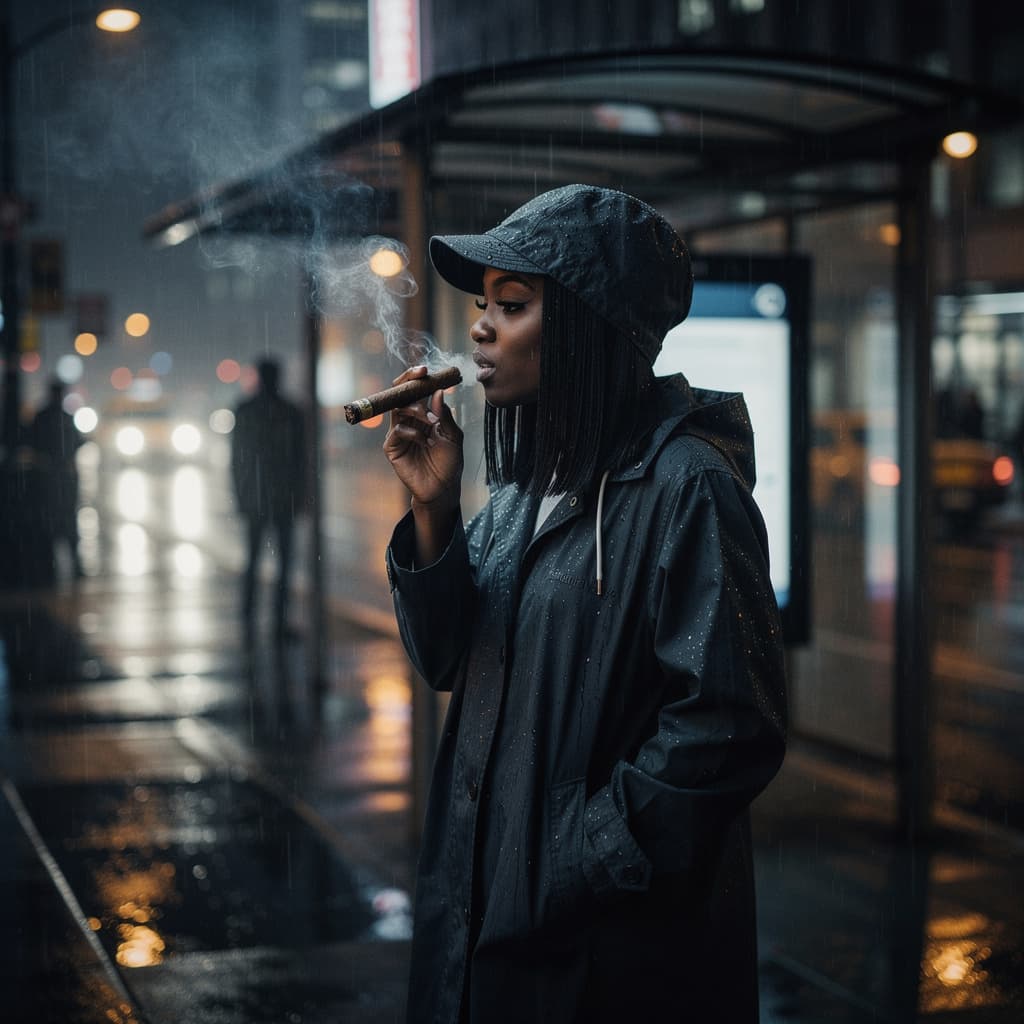 AI generated: African girl, raincoat, black hair, rain, night city, bus stop, smoking a cigar, cigarette smoke, wa...