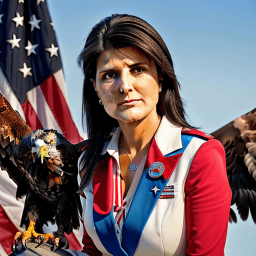 AI generated: nikki haley petting a large eagle with a red right wing, a blue left wing, vertical red and white st...