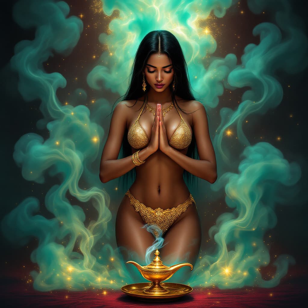AI generated: An Indian woman with turquoise skin and dark straight hair is positioned directly in front of the ca...