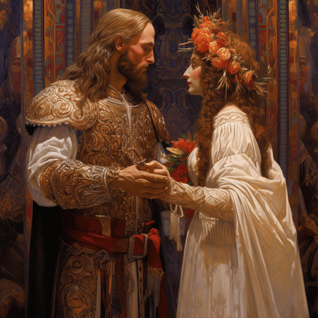 AI generated: jesus marries mary magdalene, ancient roman clothing, highly detailed painting by gaston bussiere, c...
