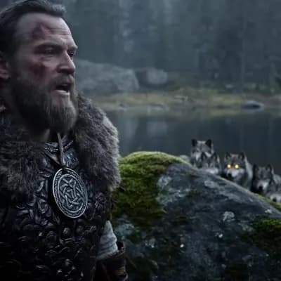 AI generated video: The warrior, a middle-aged man with a thick beard and strong features, stops beside a mossy rock. He...