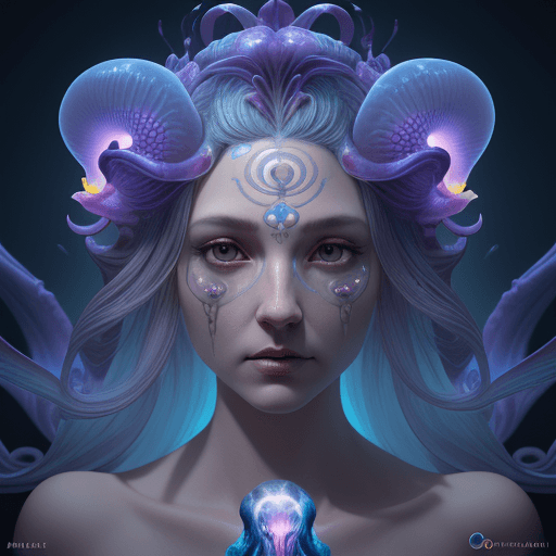 AI generated: Goddess close-up portrait ribcagel. jellyfish phoenix head, nautilus, orchid, skull, betta fish, bio...