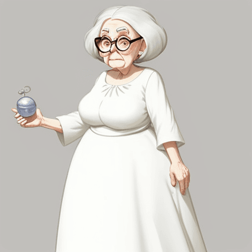 AI generated: old grumpy lady, really big round glasses, long white dress, cartoon, pixar style